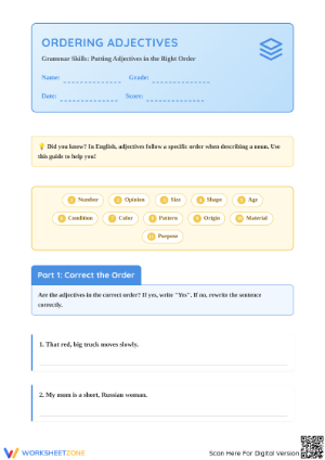 Ordering Adjectives Worksheet | Grade 4 Essential Practice