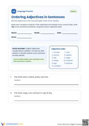 Ordering Adjectives Worksheet | Grade 4 Essential Practice