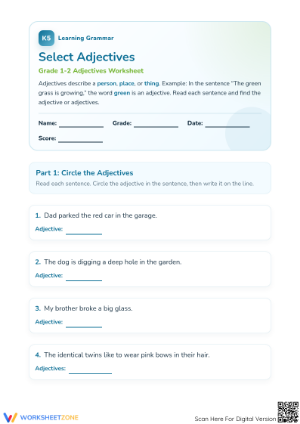Printable Adjectives Worksheet | Grade 1-2 ELA