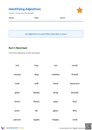 Identifying Adjectives Worksheet | Grade 1 ELA Printable