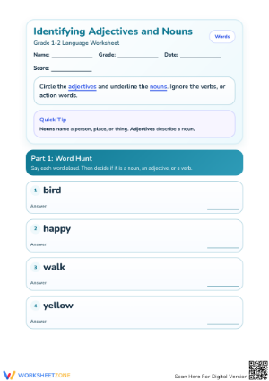 Grade 1 Adjectives and Nouns Printable Worksheet