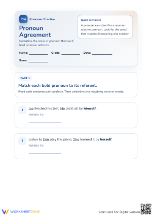 Essential Pronoun Agreement Worksheet | Grades 3-5
