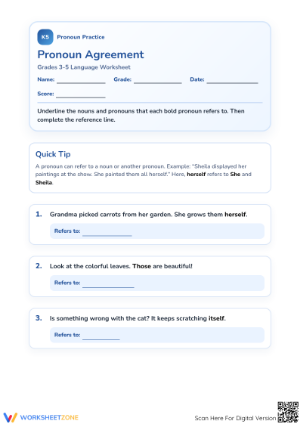 Grade 3-5 Pronoun Agreement — Printable No-Prep Worksheet
