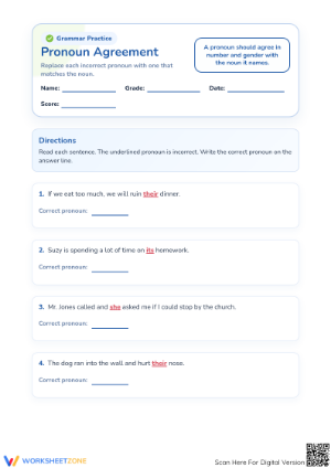 Pronoun Agreement Worksheet | Grade 3-5 Essential
