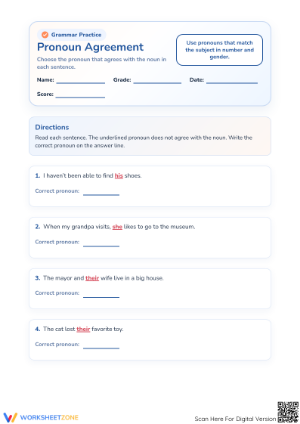 Essential Pronoun Agreement Worksheet | Grades 3-5
