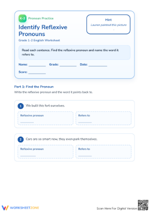 Grade 2 Reflexive Pronouns — Printable No-Prep Worksheet