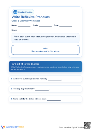 Reflexive Pronouns Worksheet | Grade 1 Essential ELA