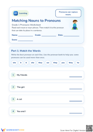 Grade 1 Pronouns — Printable No-Prep Worksheet