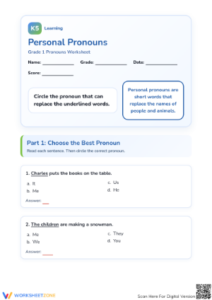 Personal Pronouns Worksheet | Grade 1-3 Printable