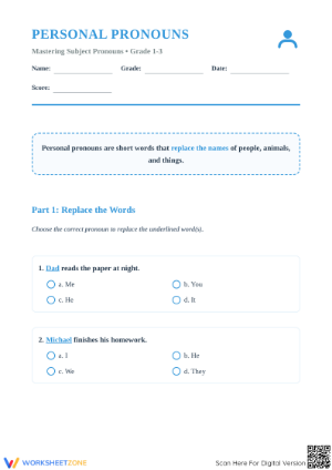 Personal Pronouns Practice | Essential Grade 1-3 Worksheet