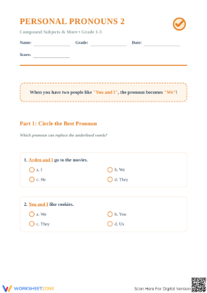 Personal Pronouns Worksheet | Grade 1-3 Printable