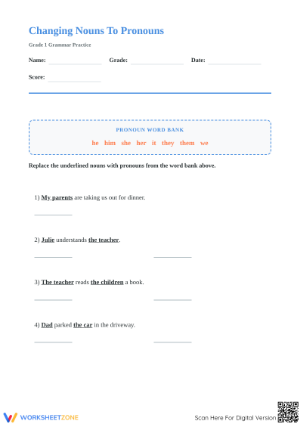 Changing Nouns to Pronouns | Printable Grade 1 ELA