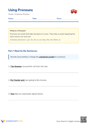 Using Pronouns Worksheet | Grade 1 ELA Printable