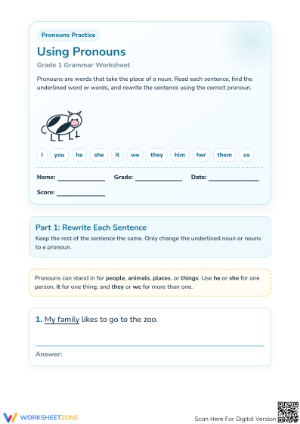 Essential Pronouns Practice Worksheet | Grade 1 ELA