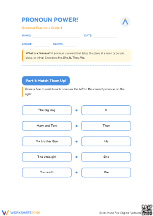 Grade 1 Pronouns Worksheet | Essential Grammar Practice