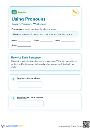Grade 1 Pronouns — Printable No-Prep Worksheet