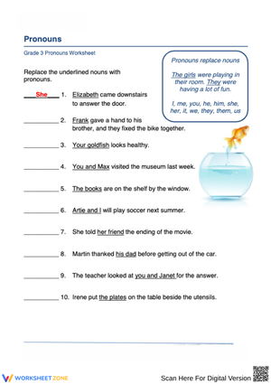 Pronouns Practice Worksheet for Grade 3
