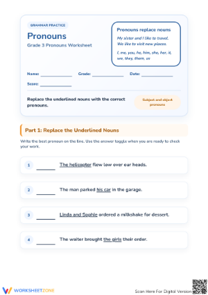 Grade 3 Pronouns — Printable No-Prep Worksheet