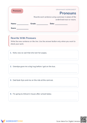 Grade 1 Nouns to Pronouns — Printable Grammar Worksheet