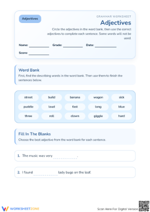 Grade 1 Adjectives — Printable No-Prep Worksheet