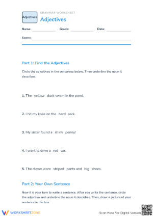 Grade 1 Adjectives Worksheet — Printable No-Prep Practice