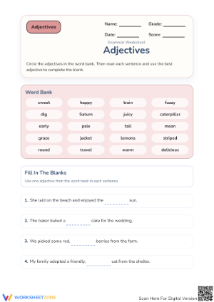 Grade 1 Adjectives — Printable No-Prep Worksheet