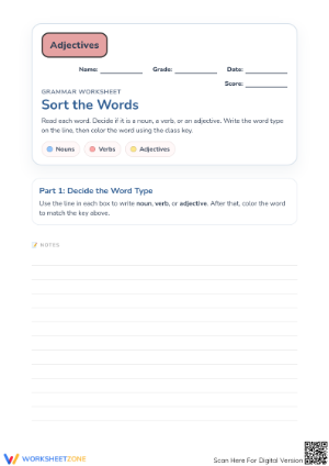 Essential Parts of Speech Sorting Worksheet | Grade 1-3 ELA