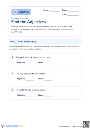 Grade 1 Adjectives — Printable No-Prep Worksheet