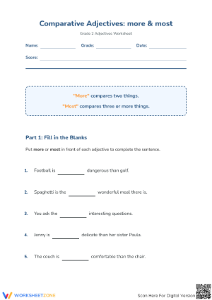 More & Most Adjectives Worksheet | Grade 2 ELA Printable