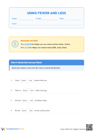 Essential Fewer and Less Worksheet | Grade 2 ELA