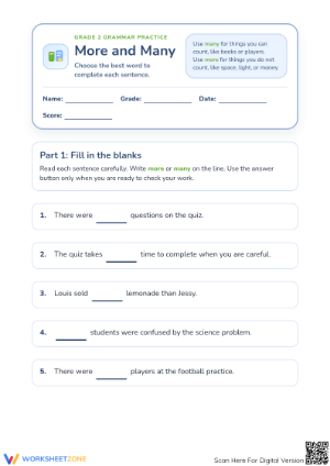 Grade 2 More and Many — Printable No-Prep Worksheet