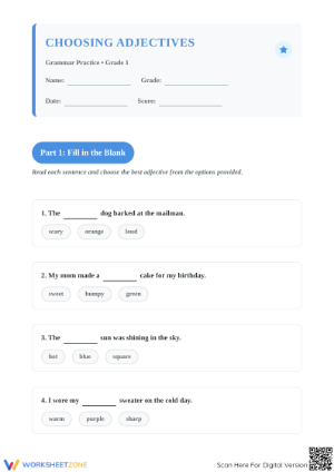 Grade 1 Adjectives — Printable No-Prep Worksheet