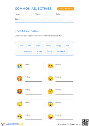 Grade 1 Common Adjectives — Printable No-Prep Worksheet