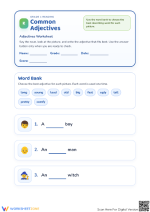 Grade 1 Common Adjectives — Printable No-Prep Worksheet