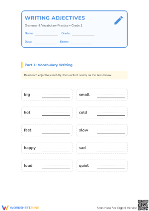 Essential Adjectives Worksheet | Grade 1 ELA Printable