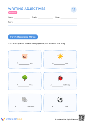 Writing Adjectives Worksheet | Grade 1 Essential Practice
