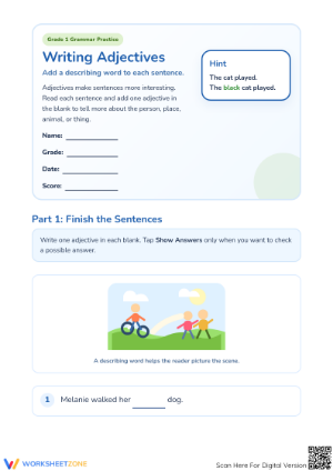 Grade 1 Writing Adjectives — Printable No-Prep Worksheet