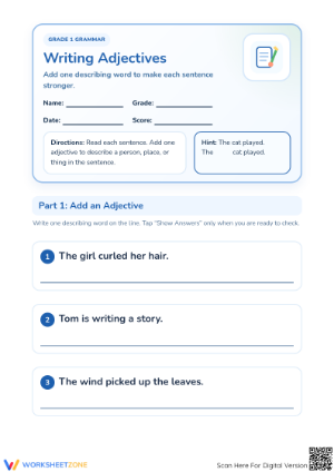 Writing Adjectives Worksheet | Grade 1 Essential ELA