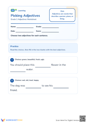 Grade 1 Adjectives — Printable No-Prep Worksheet