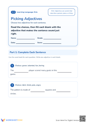 Essential Grade 1 Adjectives — Printable No-Prep Worksheet