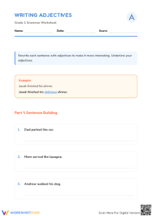 Writing Adjectives Printable Worksheet | Grade 1