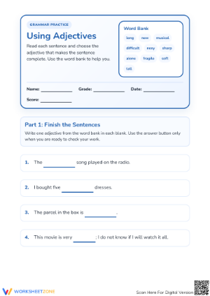 Grade 1 Using Adjectives — Printable No-Prep Worksheet