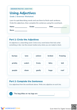 Grade 1 Adjectives — Printable No-Prep Worksheet