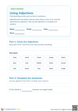 Grade 1 Adjectives — Printable No-Prep Worksheet