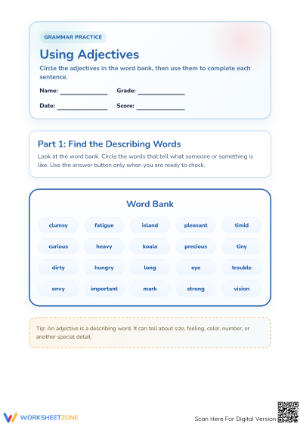 Using Adjectives Worksheet | Grade 1 Printable ELA