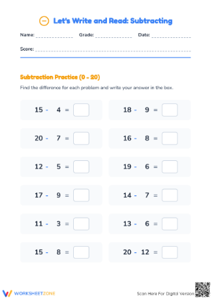 Essential Subtraction 0-20 Worksheet | Grade 1 Math