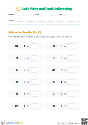 Subtraction 0-10 Worksheet | Grade 1 Essential Practice