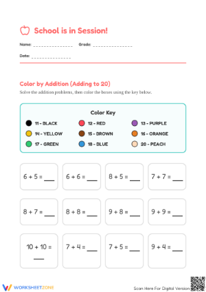 Printable Adding to 20 Worksheet: School is in Session