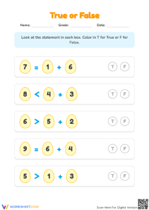 Printable True or False Math: Addition & Comparison Grade 1
