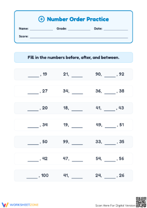 Printable Number Order Practice: Before, After, Between